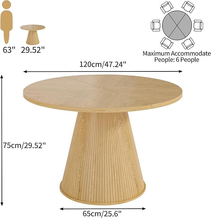 47 inch Round Dining Table for 4-6, Circle Kitchen Table with Sturdy Tapered Base, Mid Century Modern Fluted Dining Tables for Dining Room, Kitchen, Living Room (Wood, 47inch)