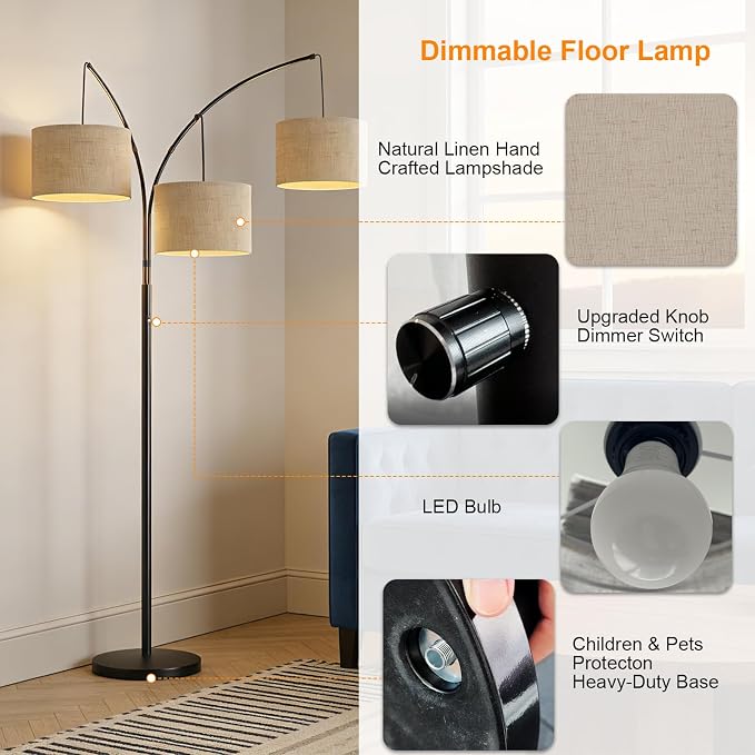 80 Inch Arc Floor Lamp with Remote Control, 3-Light Dimmable Standing Lamp for Living Room, 2400LM Super Bright Tree Lamp for Bedroom, Modern Tall Floor Lamp with Adjustable Arms&Weighted Base