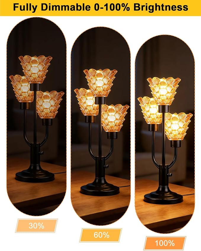 Lightdot Vintage Mid Century Modern Table Lamp for Living Room Dimmable Nightstand Lamp Black Desk Lamp Amber Glass 3 Bulbs Included Warmwhite Ambient Bedside Lamps for Bedroom Home Office Decor Gift