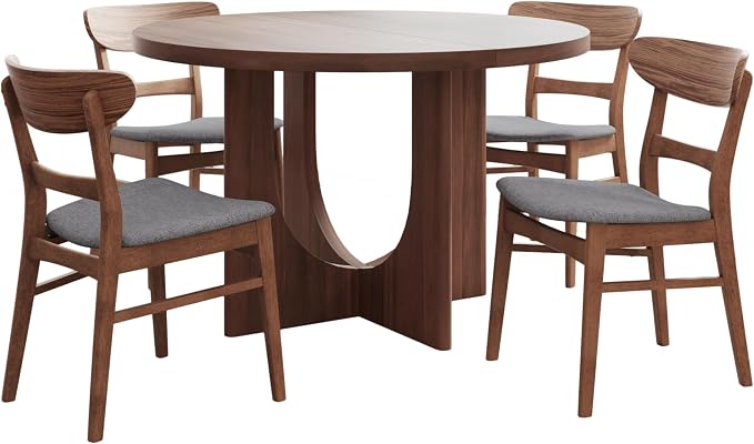 Merax 5-Piece Retro Dining Set - 48" Round Cross-Leg Table & 4 Upholstered Chairs, Mid-Century Modern Kitchen Set with Rubberwood Frame for Kitchen Dining Room, Cappuccino+Walnut