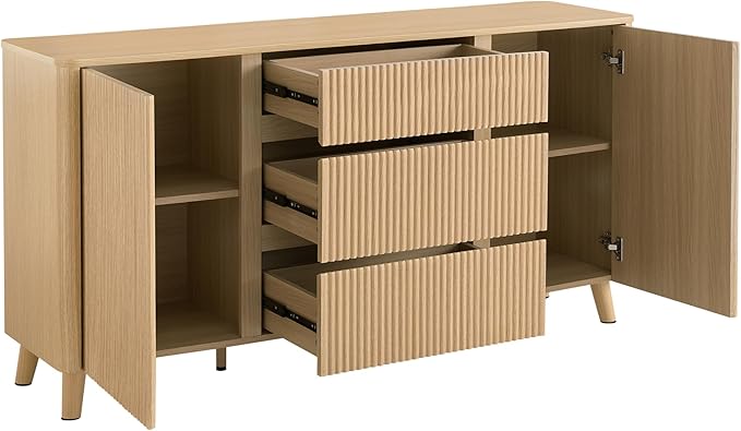 CHITA 62" Sideboard Buffet Cabinet with Storage, Fluted Cabinet with Drawers, Natural Oak