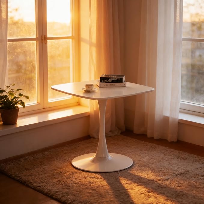 23.62" White Tulip Table, Square Dining Table for 2, Pedestal Table with Metal Leg, Mid Century Modern Bistro Table for Kitchen, Small Space & Cafe