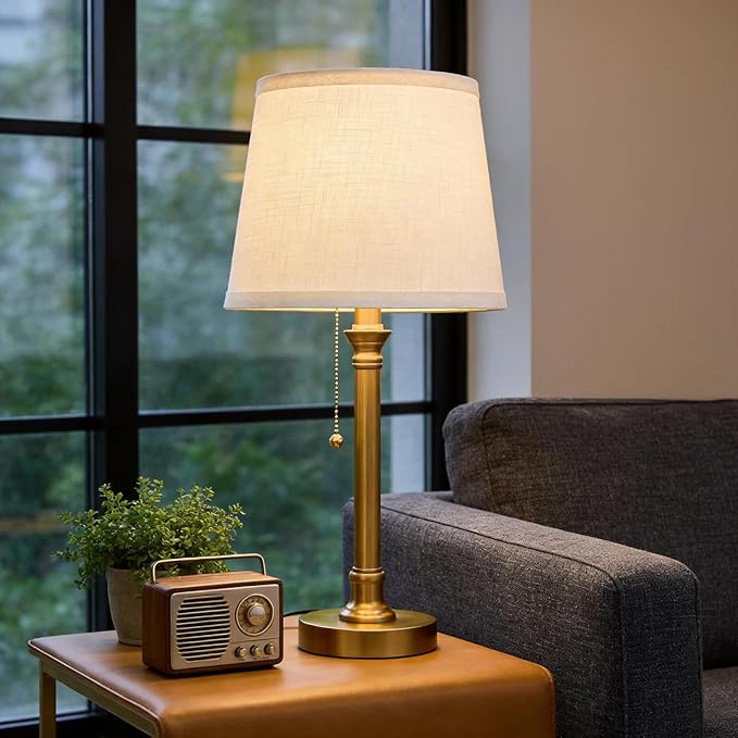Oneach 19.5" Gold Table Lamp Set of 2, Small Bedside Table Lamps with White Linen Shade, Pull Chain Switch, USB A+C Charging Ports, Modern Nightstand Lamp for Living Room, Bedroom, Nursery