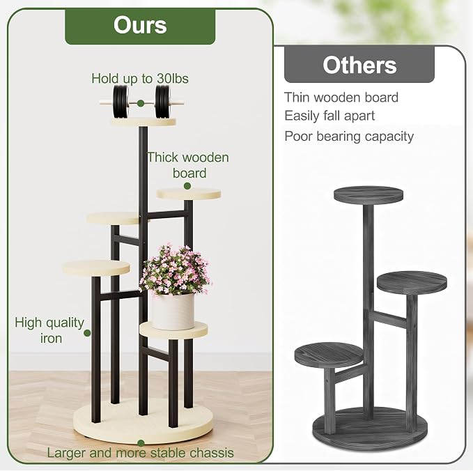 5 Tiers Black Plant Stand Indoor Tall Metal Wood Plant Shelf Outdoor Plant Stands Indoor Plant Table Rack Tiered Plant Stand Garden for Living Room Balcony Patio - RoundLight