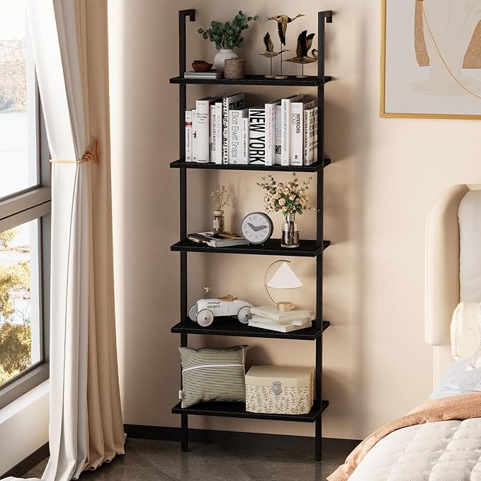 aboxoo Ladder Shelf 2PCS Open Bookshelf 5-Tier Wood Wall-Mounted Black Bookcase Storage Rack Open Industrial Modern Plant Stand Utility Organizer Bookcase Metal Frame Furniture Office Kitchen Bedroom