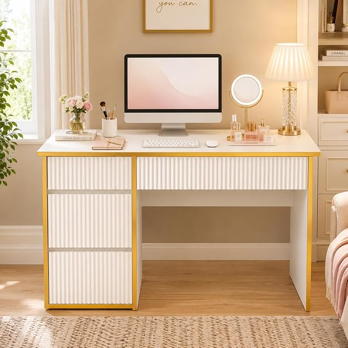 4 EVER WINNER White Desk with Drawers, 47'' Computer Desk with 4 Drawers for Small Spaces, Small Office Desk with File Drawer for Study Room, Bedroom, White and Gold Desk