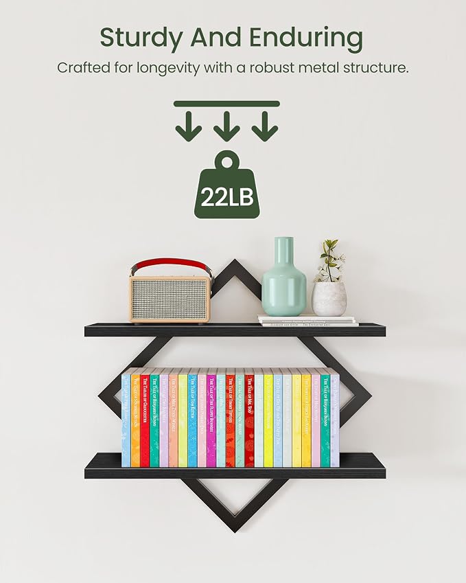 CHOEZON Floating Shelves, Set of 2 Wall Shelves, 2-Tier Hanging Shelves, Wall Shelf Set of 2, Wall Mounted Shelves, for Living Room, Bedroom, Kitchen, Office, Study, Black TBJ01P2BB