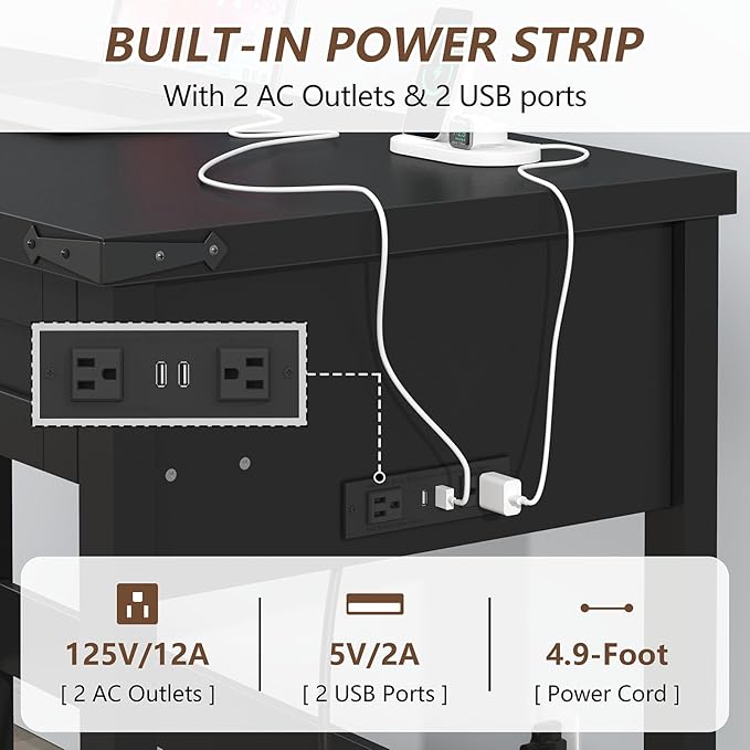 YOMILUVE Farmhouse Computer Desk with 2 Drawers, 39 Inch Small Black Computer Desk with Power Outlets, Home Office Desk Compact Writing Study Table for Small Spaces