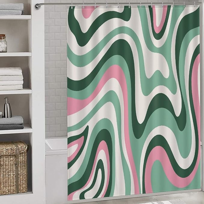 70s Swirl Shower Curtain for Bathroom, Retro Hippie Groovy Green Abstract Wave Funky Trippy Vintage Boho Aesthetic Waterproof Fabric Shower Curtain Set with Hooks, 72"x84"
