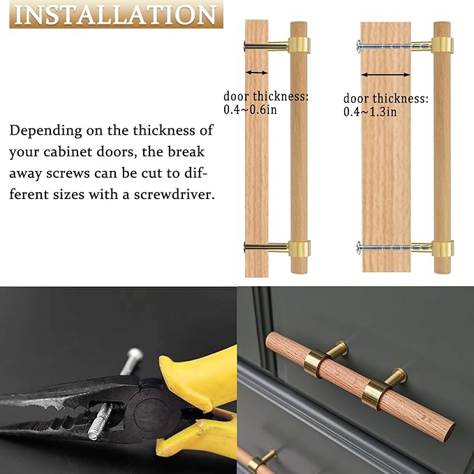 Natural Wood and Brass Kitchen Cabinet Handles 9~11.4 Inch 4Set Center to Center Adjustable Double Hole Modern Dresser Pulls, Unfinished DIY Drawer Knobs