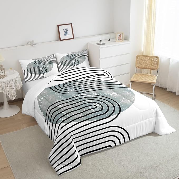 Erosebridal Mid Century Comforter Twin Modern Minimalism Bedding Set, Navy Blue Grunge Down Comforter Black Stripe Bed Set, Aesthetic Abstract Quilted Duvet 2pcs with 1 Pillow Case