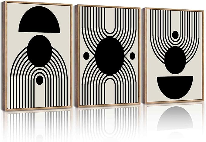 KUVIOKE Black Abstract Framed Wall Art Minimalist Geometry Lines Painting Artwork for Living Room Bedroom 12x16in (Natural Framed)