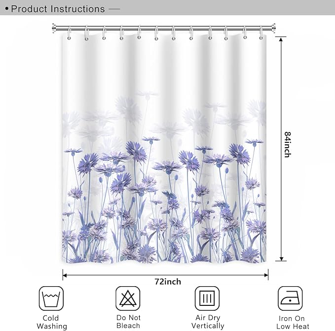 Purple Flower Shower Curtain for Bathroom - Spring Floral Nature Wild Botanical Waterproof Polyester Fabric - Modern Art Aesthetics Home Decor With Hooks, 72x84 Inch