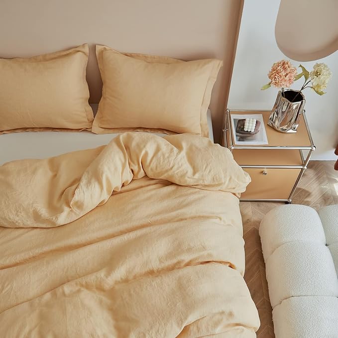 Simple&Opulence 100% Linen Duvet Cover Set, 3 PCS Natural French Flax Sand Duvet Cover Queen Size, Breathable Soft Comfy Linen Bedding Comforter Cover with 2 Pillowcases(Sand, 88"x92")