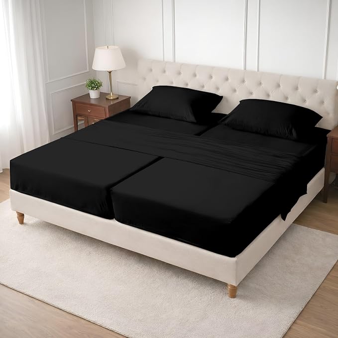 SGI Split King Sheet Set for Adjustable Bed Egyptian Premium Cotton 600 Thread Count Sheets for Sleep Number Bed 15" Deep Pocket 5 Pc Set with 2 Twin XL Fitted Sheets Soft Breathable -Black