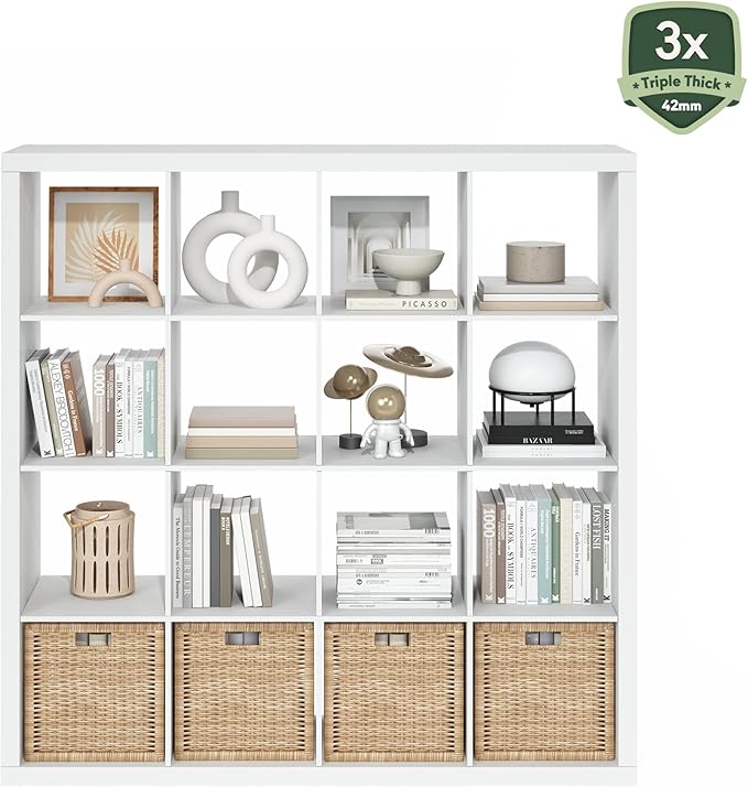 Furinno Cubicle Book Shelf, 16-Cube Bookshelf, Triple Thick Frame Cube Storage Organizer, 1.65" Bookcase, 15.4" x 57.4" x 56.9", for Home Office, Living Room, Plain White