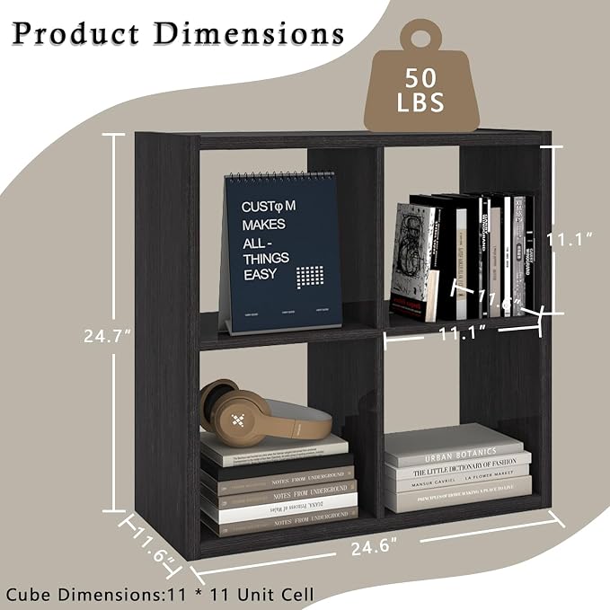 Endearing Limons【2026 Wooden Thick Border 4 Cube Shelf Storage Organizer with Anti-Tipping Kits + Reversible Open Back Bookcase (11 * 11 Unit Cell Chocolate)