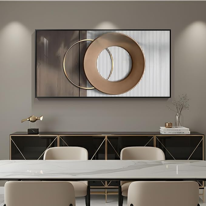 Large Horizontal Modern Wall Art for Living Room, Framed Neutral Picture Prints, Minimalist White Brown Circle Geometric Painting Artwork Decor for Bedroom Dining Room Hallway Office 56x28 Inch