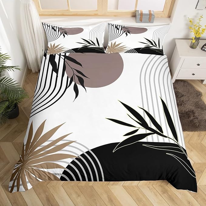 Erosebridal Geometric Leaves Duvet Cover Toddler for Kids Boys Girls,Mid Century Black Grey Comforter Cover,Abstract Modern Art Bedding Set,Minimalist Simple Bed Set 2 Pcs Bedroom Decor