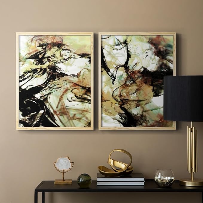 Renditions Gallery Set of 2 Peel & Stick Framed Prints, Abstract Wall Art, Vapping Smoke Design Wall Decor, Re-Stickable - Ready to Hang - 8"x10" - NATURAL WOOD Frame LT588