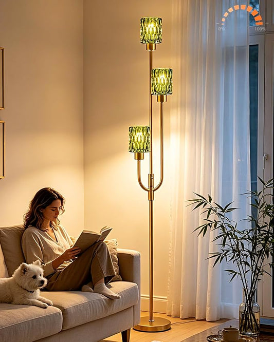 66IN Glass Floor Lamp 3-Lights Modern Gold Dimmable Floor Lamps with 3000K Warm White Bulbs for Wedding Party Modern Tall Standing Lamp with Green Glass Shade for Living Room/Bedroom/Home Decor