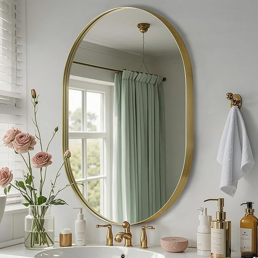 Gold Oval Mirror, 24"x36" Oval Bathroom Mirror, Brushed Gold Mirror with Aluminium Alloy Frame, Anti-Rust, Tempered Glass