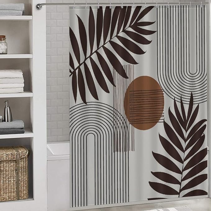 Mid Century Abstract Boho Shower Curtain Geometric Neutral Beige Modern Leaf Plant Semicircle Art Waterproof Shower Curtains for Bathroom Decor 12 Pack Hooks 66x72in（168x183cm）