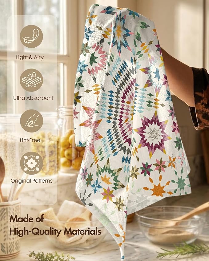 Miss Adola 2 Pack Flour Sack Kitchen Towels - 16x26 Inch Cotton Dish Towels with Hanging Loop Reusable Geometric Boho Modern Retro Tea Towel Absorbent Dishcloths Home Decor, Starburst Design