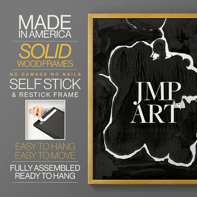 Renditions Gallery Set of 2 Peel & Stick Framed Prints, Fluid Abstract Wall Art, Black and White Inkblot Wall Decor, Re-Stickable - Ready to Hang - 16"x20" - GOLD Frame LT588