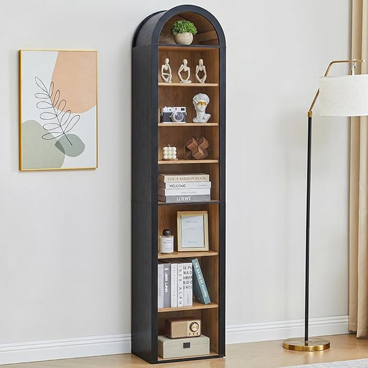 Turtle&Myrtle Tall Narrow Arched Bookshelf, 8-Tier Skinny Arch Bookcase for Small Space, Freestanding Storage Organizer with Adjustable Shelves, Open Display Shelves for Living Room, Entryway (Black)