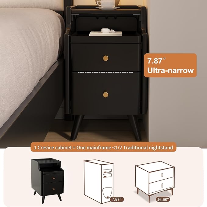 AQIMUELE Wood Nightstand, Black Nightstand with 2 Drawers, Bedside Table for Bedroom