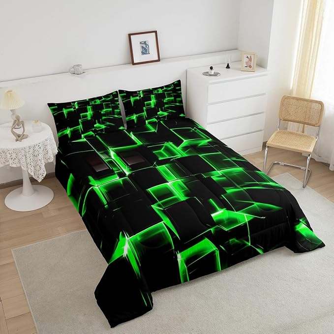 Erosebridal Honeycomb Bedding Set Twin Size, 3D Modern Abstract Square Grid Comforter for Kids Girls Boys Green Neon Light Geometric Print Bed Set Bedroom Decor, 2 Pieces