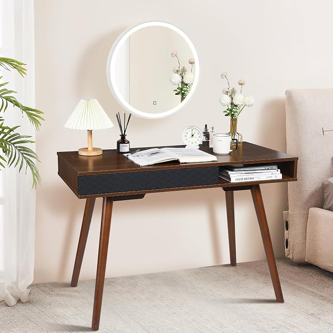 GAOMON Modern Simple Home Office Desk, Mid Century Modern Computer Writing Desk with Drawer Solid Wood Legs and Open Storage Cubby, Small Vanity Table Desk for Bedroom (Walnut)