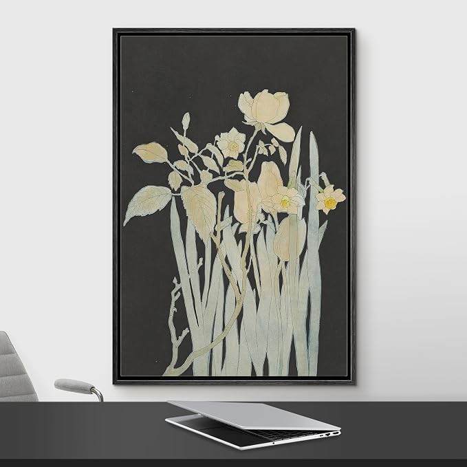 Woodrose Framed Canvas Print Wall Art Minimalist Floral Silhouettes Elegant Botanical Line Illustrations Modern Art Minimalist 3D Colorful Ultra for Living Room, Bedroom, Office - 16"x24" BLACK