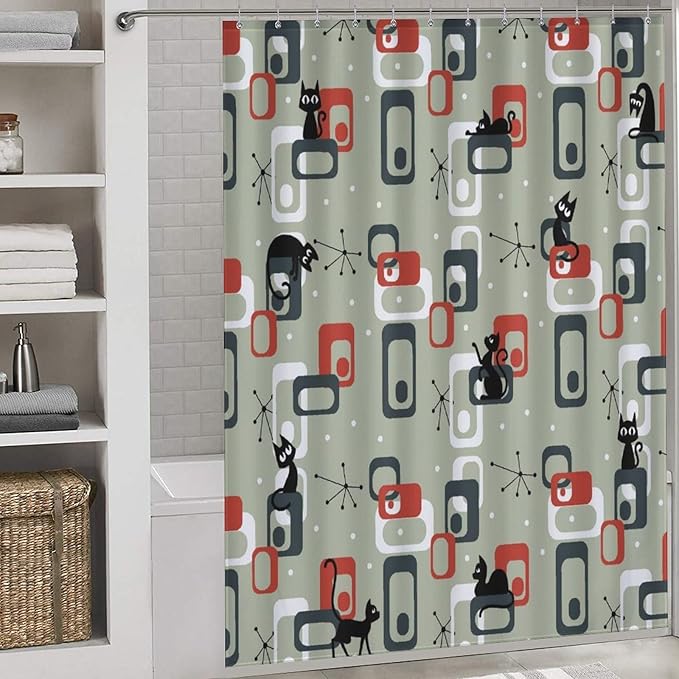 Mid Century Shower Curtain for Bathroom, Modern Cat Abstract Atomic Geometric Print Lovely Black Kittey Retro 1950s 1960s Black Waterproof Fabric Shower Curtain Set with Hooks, 72"x72" Inch