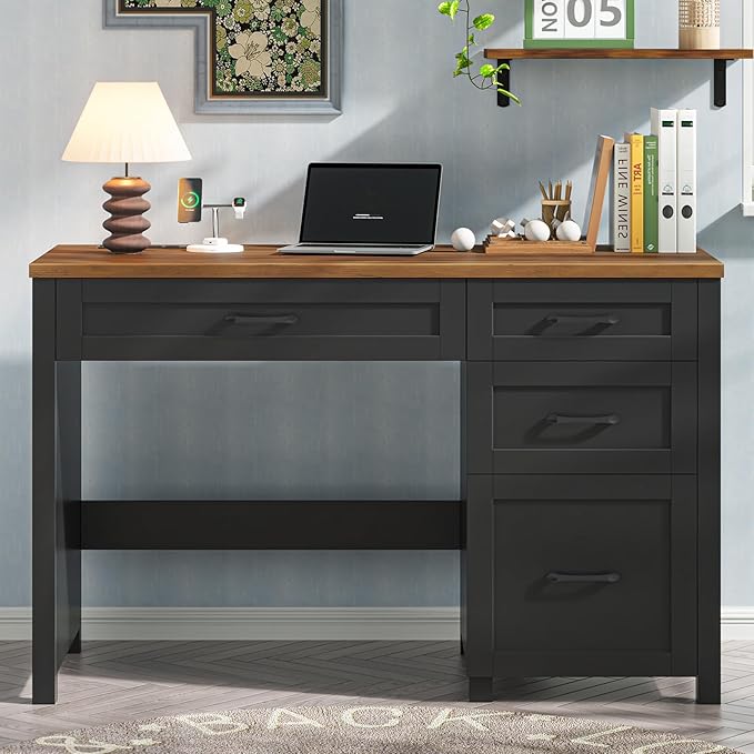 Farmhouse 47" Executive Desk with 4 Drawers, Computer Desk with File Drawer and Charging Station, Workstation for Home Office, Study.Black Brown
