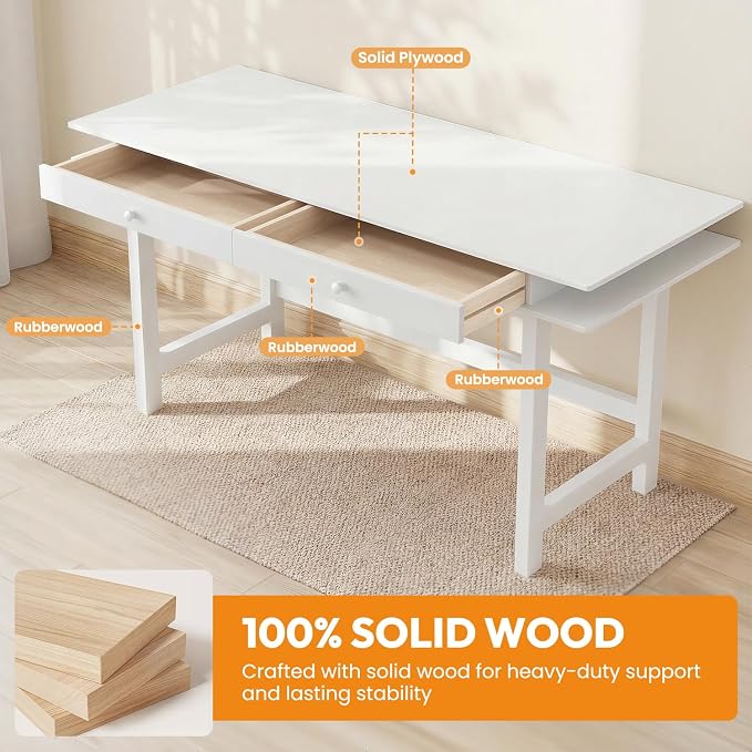 Double-Top Solid Wood Desk - 60-Inch Mid-Century Modern Writing Table with Drawers for Home Office, Study, and Creation, Rubberwood Computer Desk in White