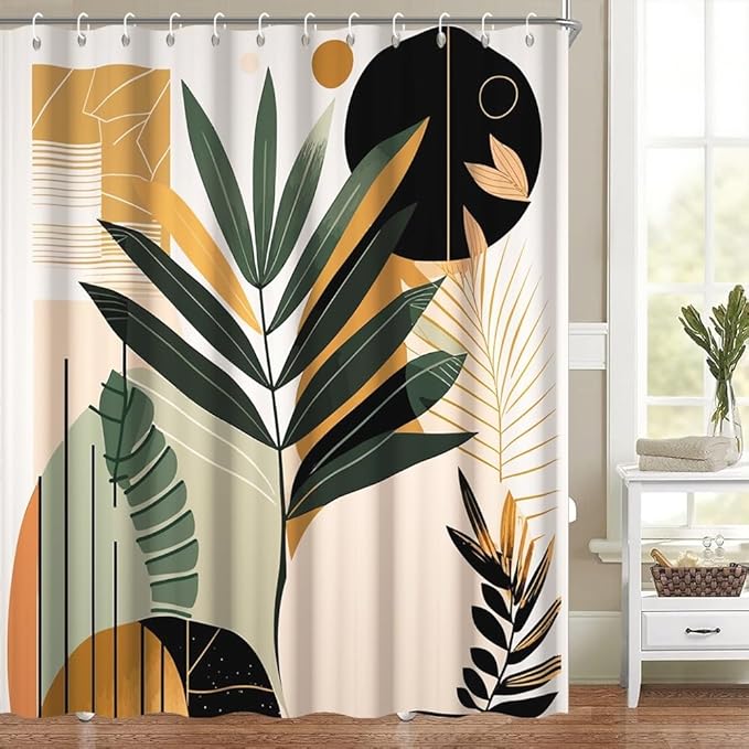 Boho Mid Century Shower Curtain for Bathroom Modern Abstract Minimalist Neutral Bathroom Decor Arch Sun Leaves Chic Aesthetic Bath Curtains Washable Waterproof Polyester Fabric with Hooks 72x84 Inch