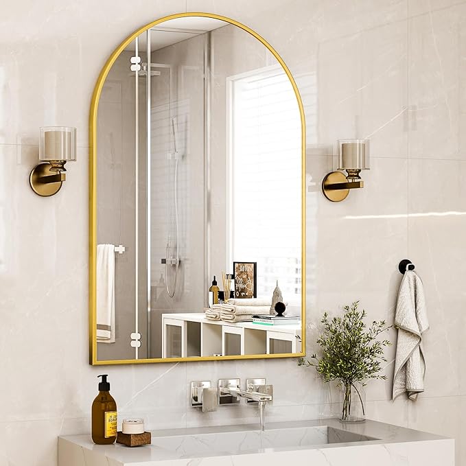 HARRITPURE Arched Bathroom Mirror - 30"x40" Gold Large Wall Mounted Vanity Mirror Aluminum Alloy Frame Arch Wall Mirror for Living Room, Bedroom and Entryway