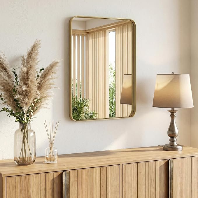 NEWBULIG 22X30 Inch Bathroom Mirror for Over Sink, Wall Vanity Mirrors Tempered Glass, Anti-Rust Metal Framed Rounded Rectangle, Hangs Horizontally or Vertically, Farmhouse Home Decor, Gold