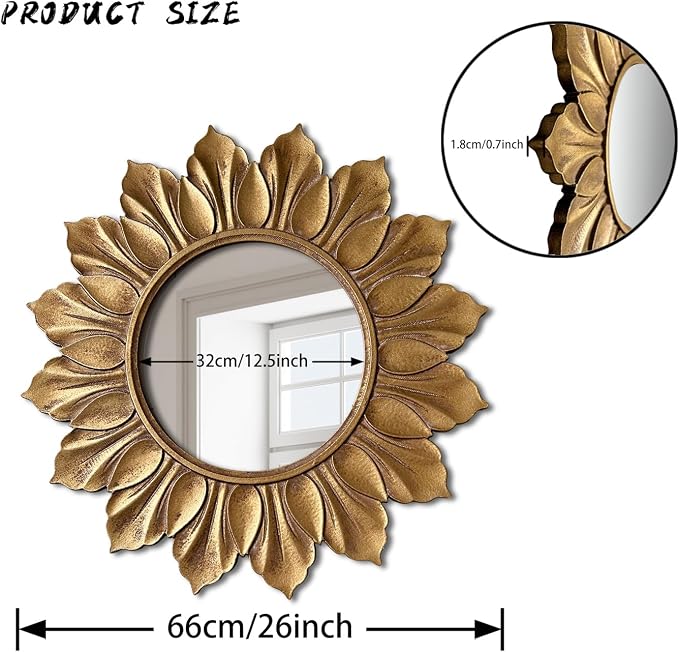 Sunflower Sunburst Wall Mirror, 26" Distressed Gold Wooden Frame, Handcrafted Petal Floral Design, Vintage Farmhouse Style Mirror for Wall Decor for Living Room, Bedroom, Bathroom, Vanity