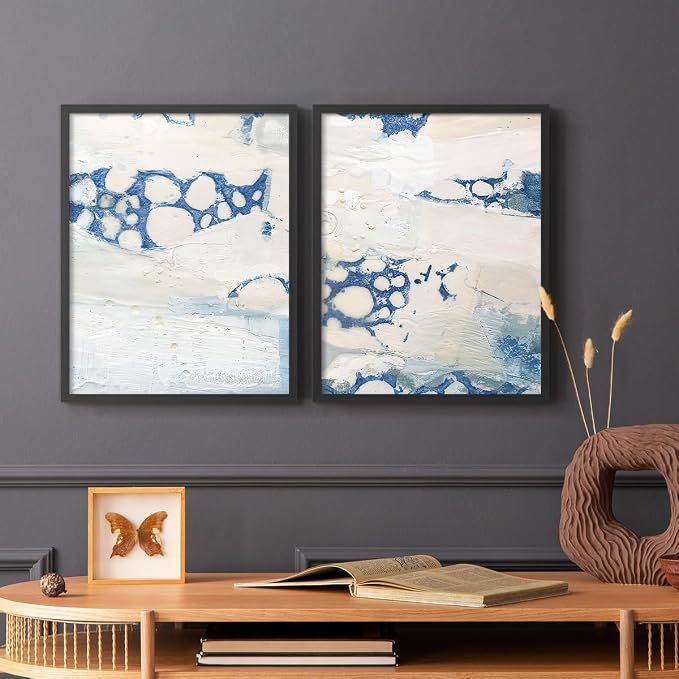 Renditions Gallery Set of 2 Peel & Stick Framed Prints, Textured Abstract Wall Art, Beach Themed Bubble Design Wall Decor, Re-Stickable - Ready to Hang - 8"x10" - Black Frame LT588