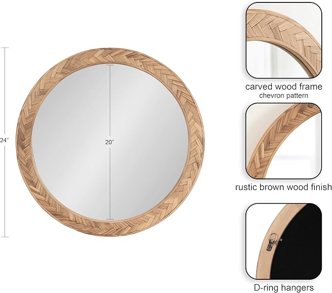 Kate and Laurel Braywood Modern Pieced Wood Round Mirror, 24 Inch Diameter, Rustic Brown, Decorative Circle Mirror for Use as Coastal Bathroom Mirror for Over Sink or Accent Bedroom Mirror