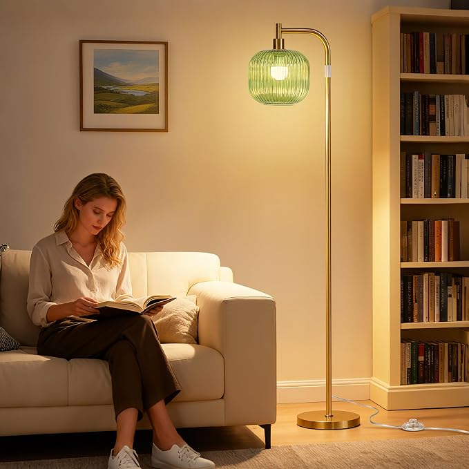 QiMH Glass Floor Lamp for Living Room, Modern Standing Lamp with Green Ribbed Glass Lampshade, Remote Control & Adjustable Height, 65” - 70”Tall Lamp for Bedroom Study Room, Brushed Gold