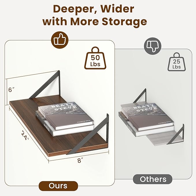 Floating Shelves for Wall Decor,24" Wx8 D Wall Mount Floating Bookshelf Set of 2,Hanging Storage Shelf with Sturdy Metal Brackets,Wooden Shelf for Living Room,Bedroom,Bathroom,Walnut