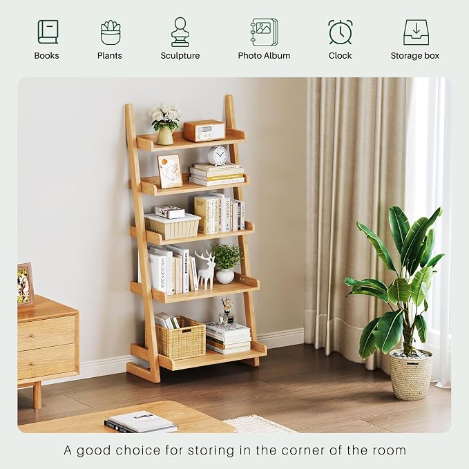 5-Tier Wooden Natural Ladder Shelf - Solid Wood Leaning Bookshelf Shelves, Leaning Bookcase for Saving Space, 55" H Book Shelf for Living Room & Bedroom & Home Office