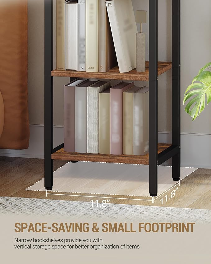 Hzuaneri Bookshelf Narrow Bookcase, Tall Storage Rack with Steel Frame, Display Standing Shelf Unit, Skinny Book Shelf for Study Living Room, Home Office, Industrial, 7-Tier Rustic Brown BC57701B