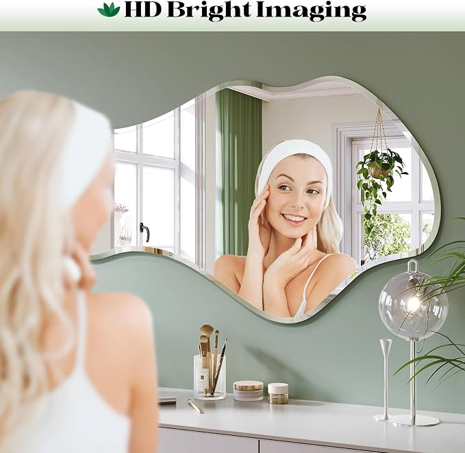 Irregular Wall Mirror, 22”x38” Asymmetrical Wall Mirror, Frameless Asymmetrical Mirrors for Bathroom Entry Way Bedroom Living Room