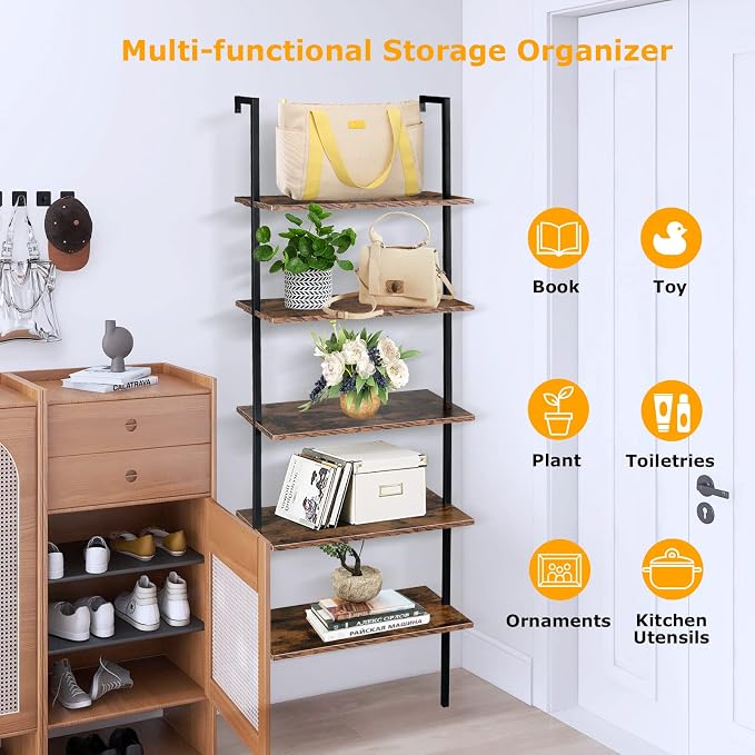 5 Tier Wall Mounted Ladder Shelf, Ladder Bookshelf with Metal Frame and Wood Shelf, Modern Learning Bookcase for Living Room, Bedroom, Office (23.6" W x 11.8" D x 70.8" H, Rustic Brown)