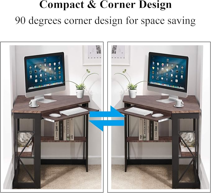 VECELO Corner Computer Desk 41 x 30 inches with Smooth Keyboard & Storage Shelves for Home Office Workstation,Rustic Brown
